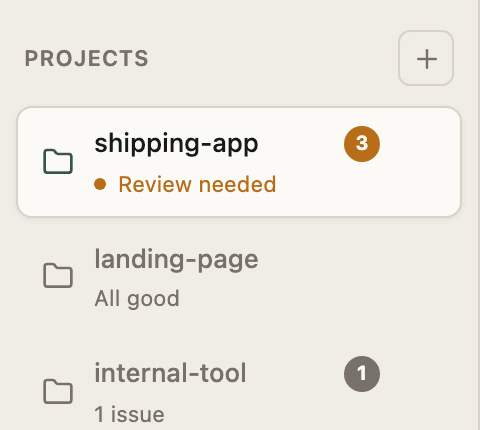 Halden Projects sidebar with shipping-app, landing-page, and internal-tool
