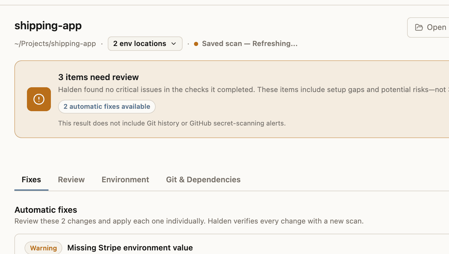 Halden selected-project Dashboard showing a saved scan refreshing and four result tabs