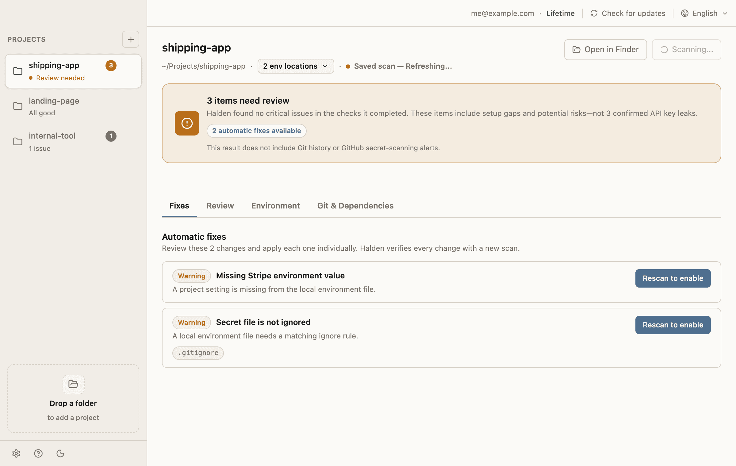Halden desktop workspace showing three local projects and the selected project's saved scan refreshing